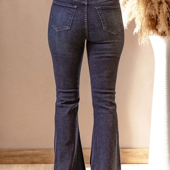 Button Fly Raw Hem Flared Jeans with Pockets - Picture 2 of 14